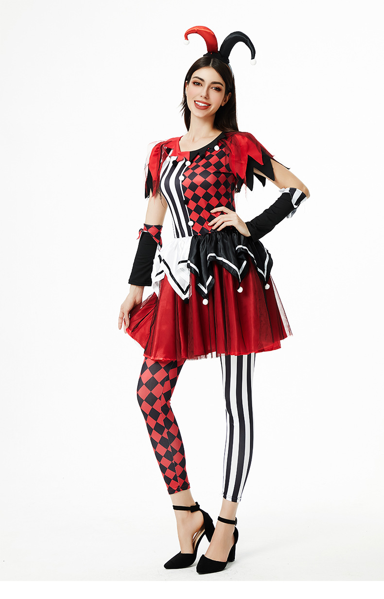 Adult Halloween Outfit Harlequin Jester Costume Red and Black Striped Dress